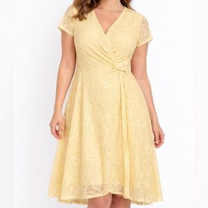 Perceptions NY Yellow Lace Wrap Dress Feminine Occasion Size M